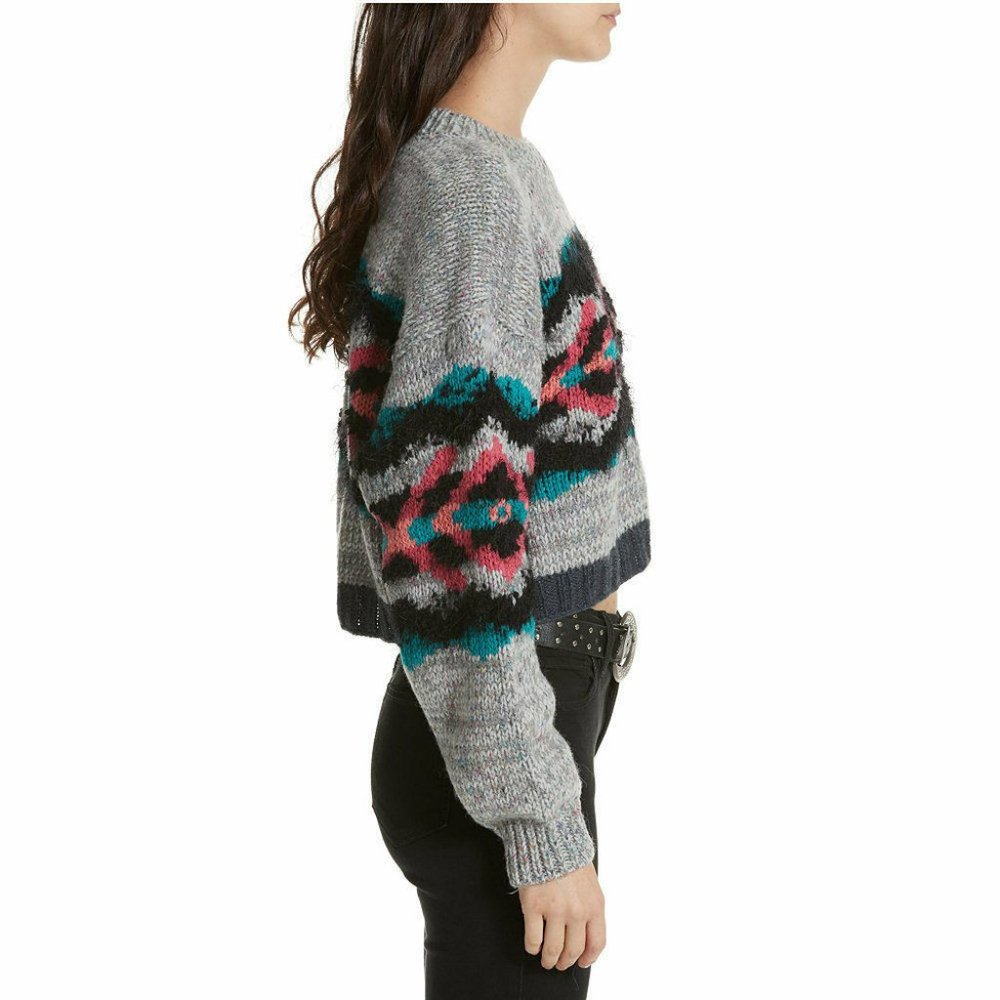 Free People Multicolor Gray Crewneck Sweater with Teal & Pink Accents - Picture 3 of 10